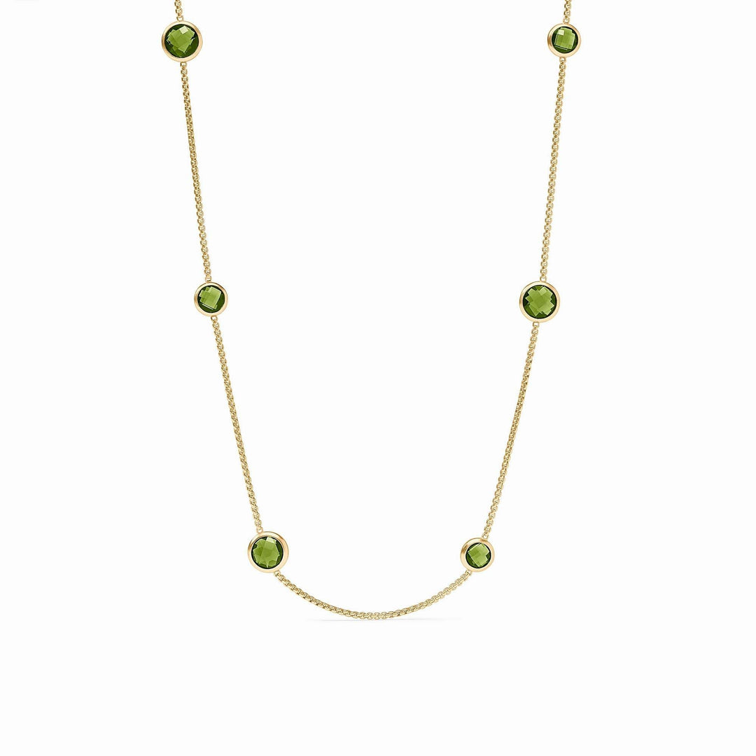 Rainbow Station necklace with toggle clasp; features vibrant multi-colored glass beads on a gold-plated chain.