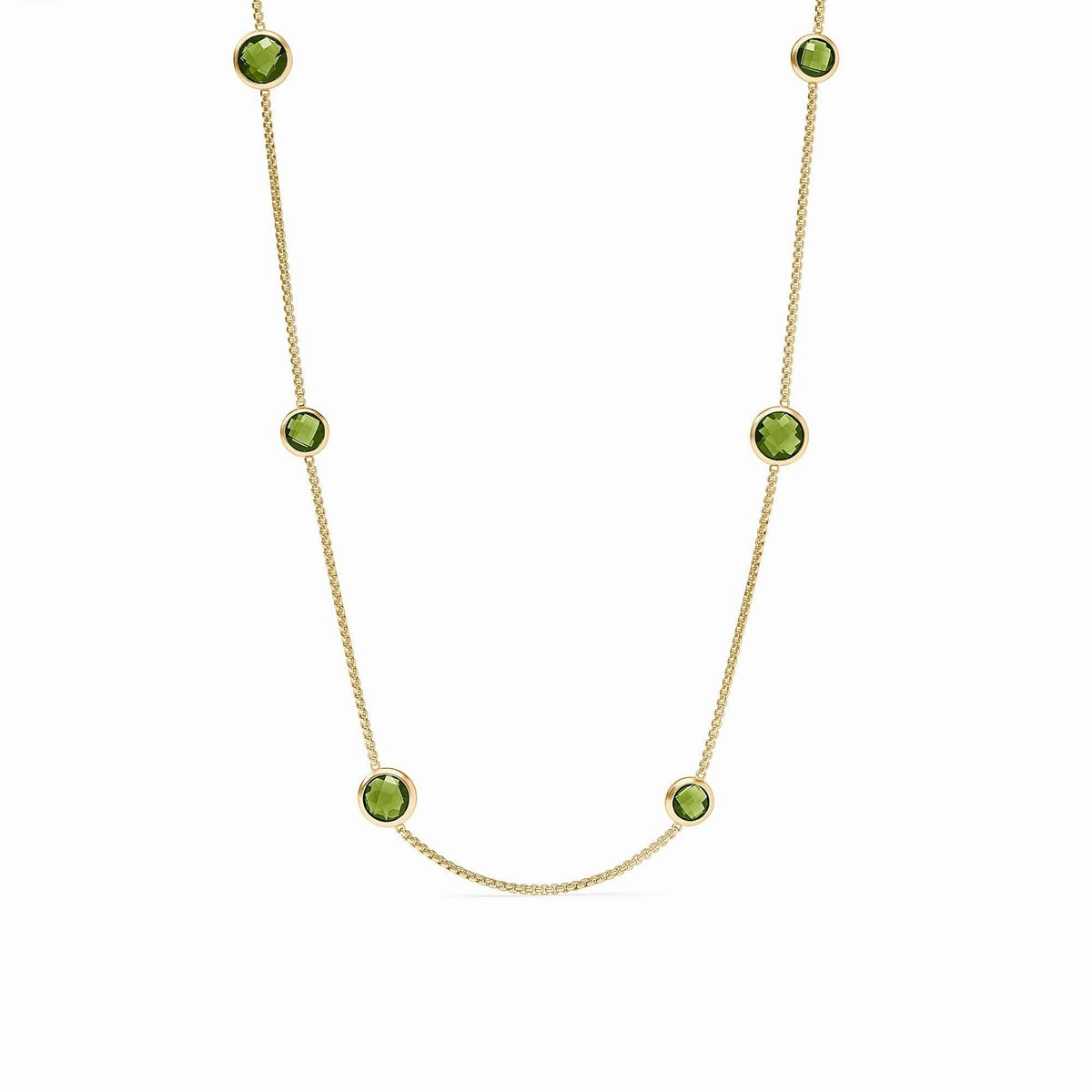 Rainbow Station necklace with toggle clasp; features vibrant multi-colored glass beads on a gold-plated chain.