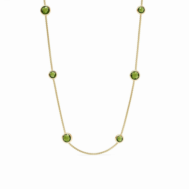 Rainbow Station necklace with toggle clasp; features vibrant multi-colored glass beads on a gold-plated chain.