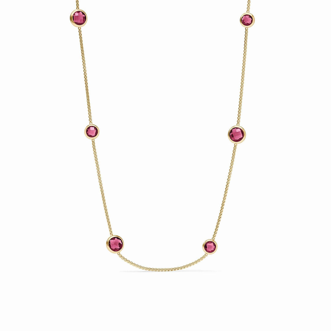 Rainbow Station necklace with toggle clasp on a model wearing pink tourmaline beads.