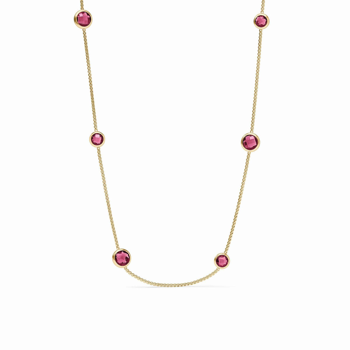 Rainbow Station necklace with toggle clasp on a model wearing pink tourmaline beads.