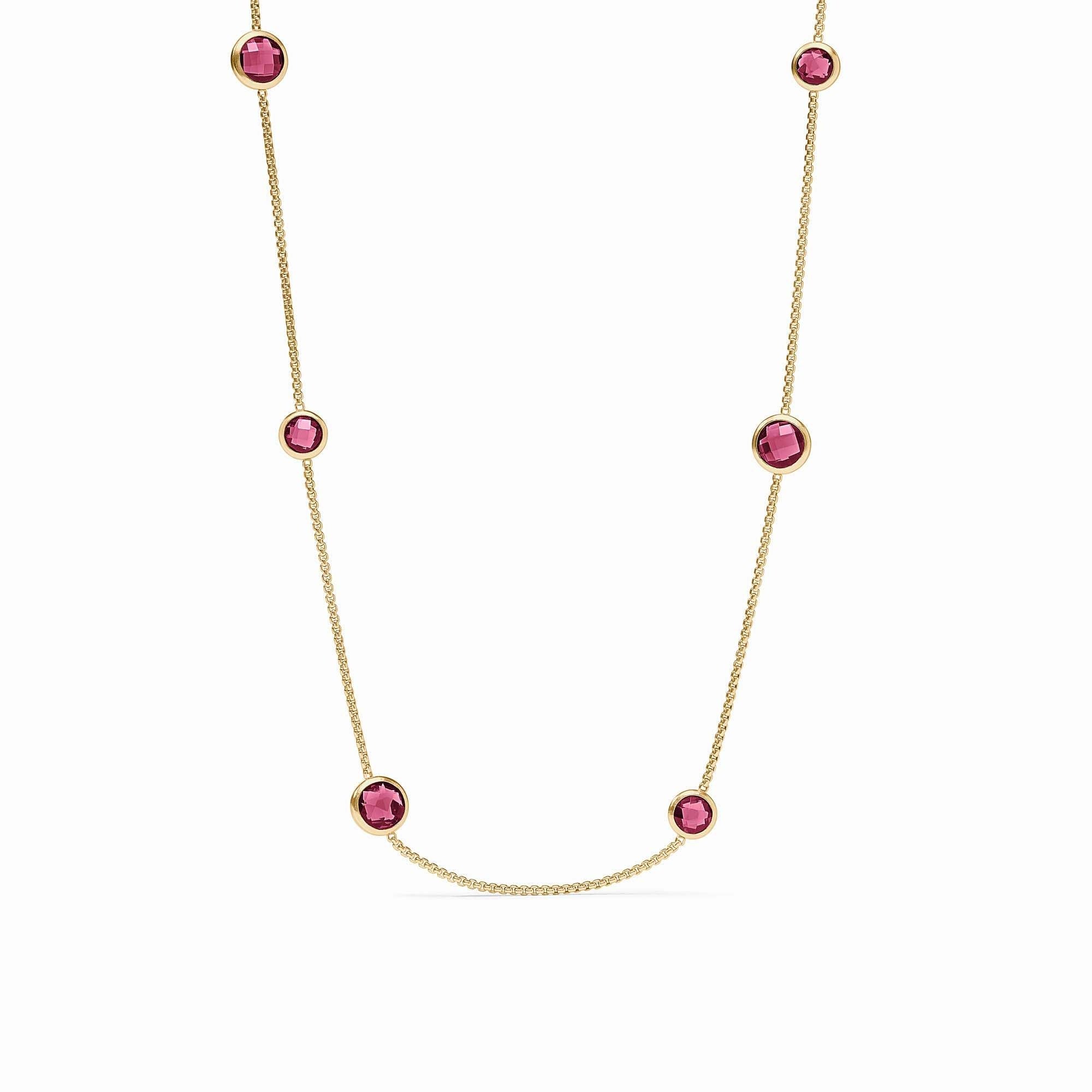 Rainbow Station necklace with toggle clasp on a model wearing pink tourmaline beads.