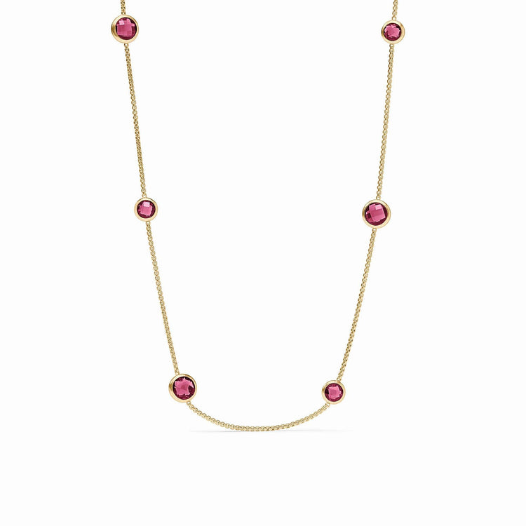 Rainbow Station necklace with toggle clasp on a model wearing pink tourmaline beads.