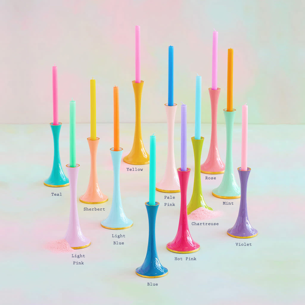 Enameled metal rainbow taper candle holder with golden accents