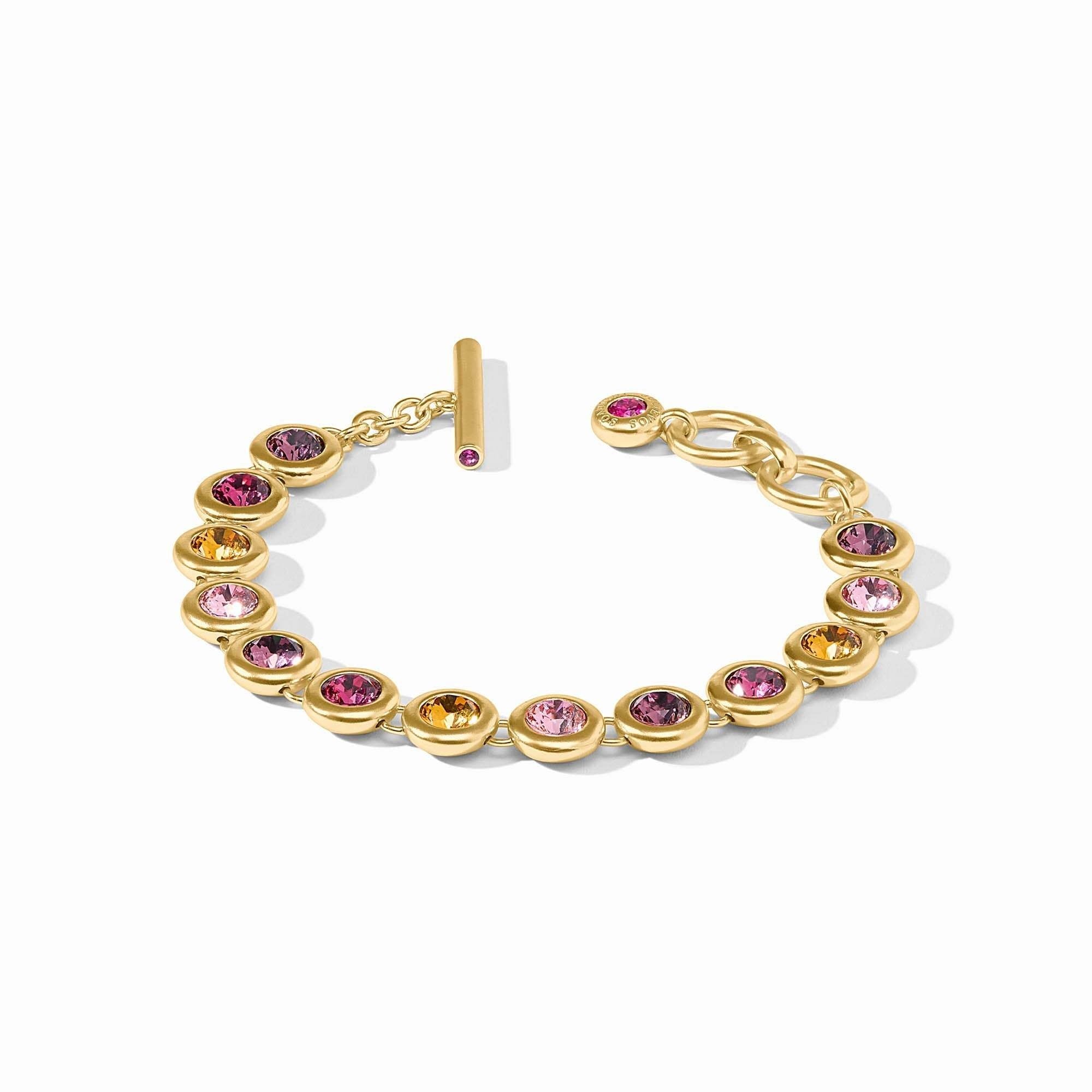 Adjustable rainbow tennis bracelet with pink dawn glass beads on a gold plate chain.