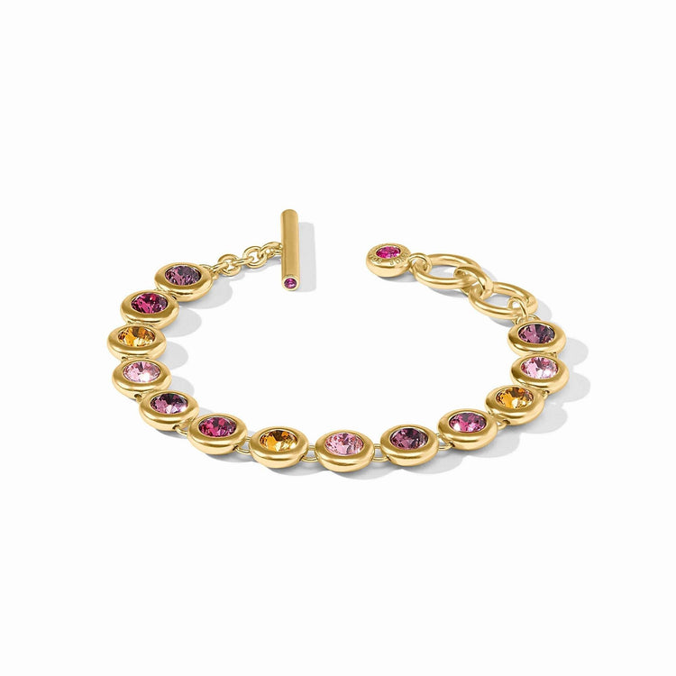 Adjustable rainbow tennis bracelet with pink dawn glass beads on a gold plate chain.