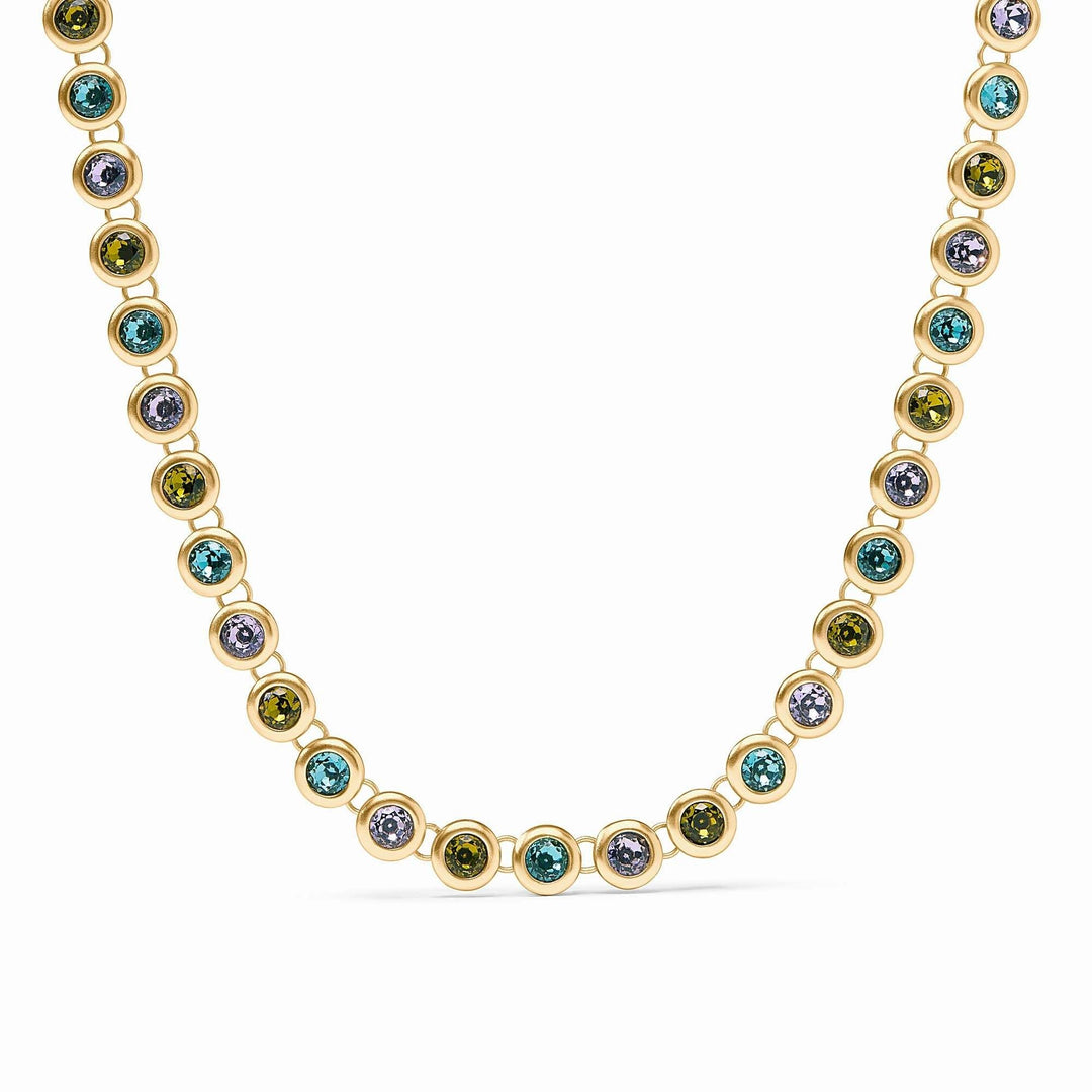 Adjustable rainbow tennis necklace with vibrant stones on a 24K gold plate chain.
