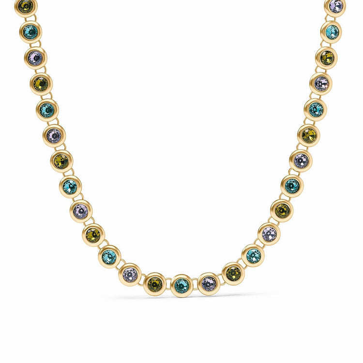 Adjustable rainbow tennis necklace with vibrant stones on a 24K gold plate chain.