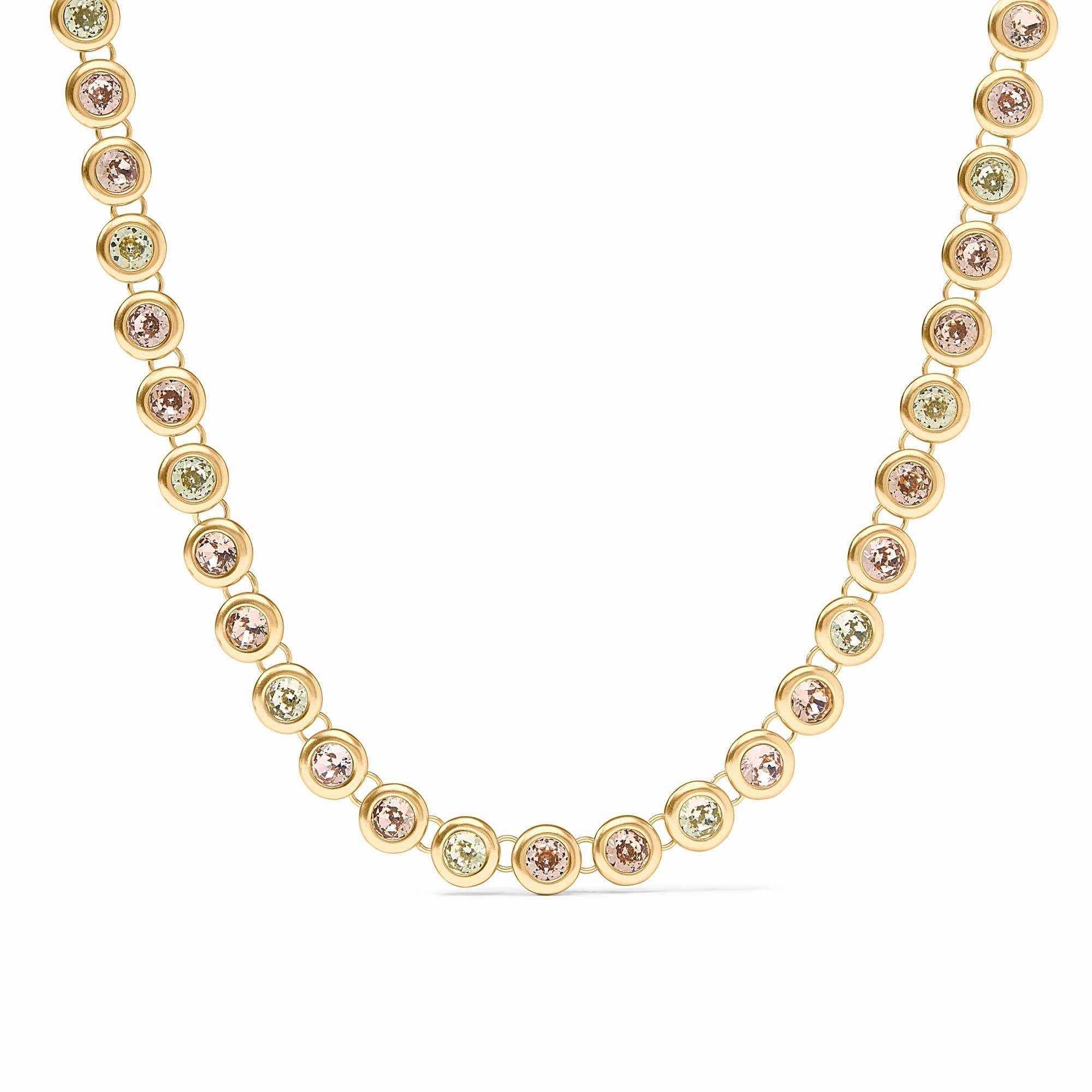 Adjustable rainbow tennis necklace with vibrant stones on a champagne gold plate chain