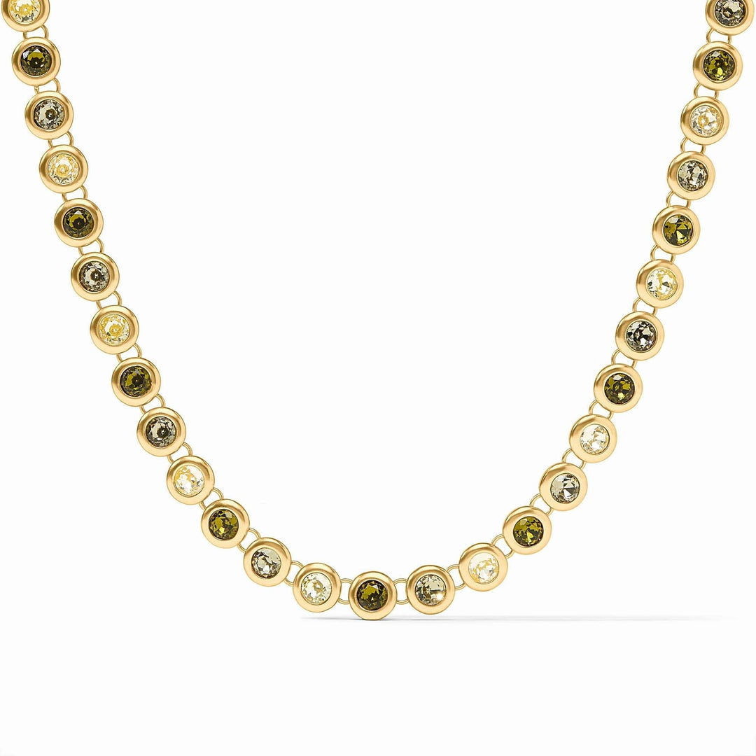 Adjustable rainbow tennis necklace with vibrant imported glass stones on a 24K gold plate chain.