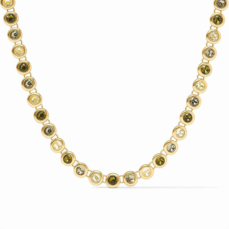 Adjustable rainbow tennis necklace with vibrant imported glass stones on a 24K gold plate chain.