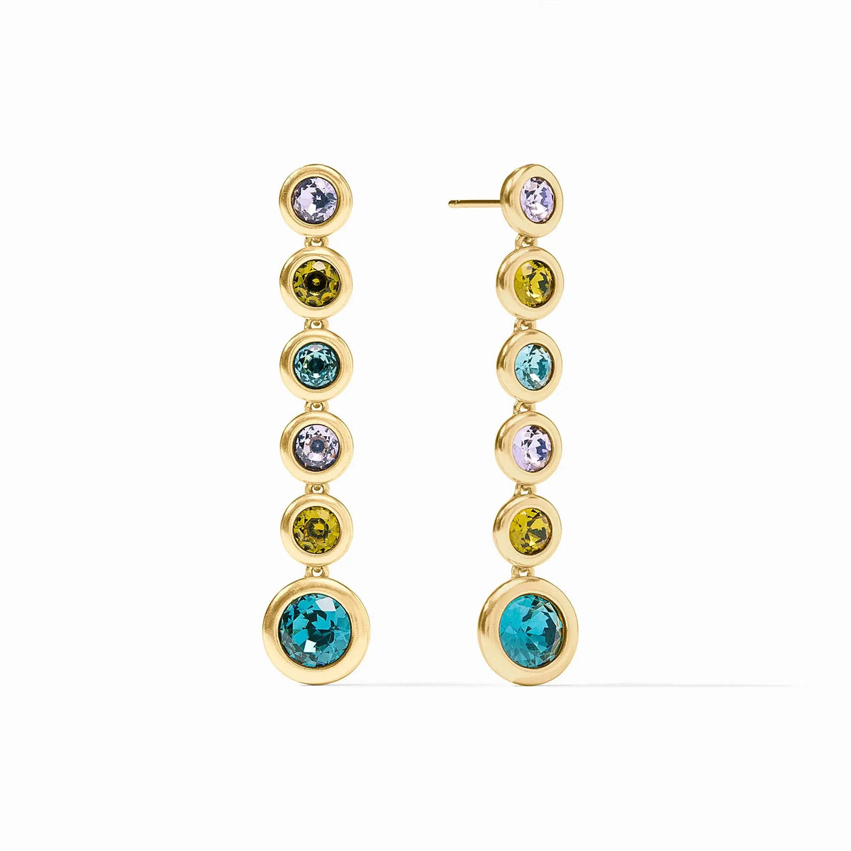 Rainbow tier earring with blue twilight glass stones on a gold post