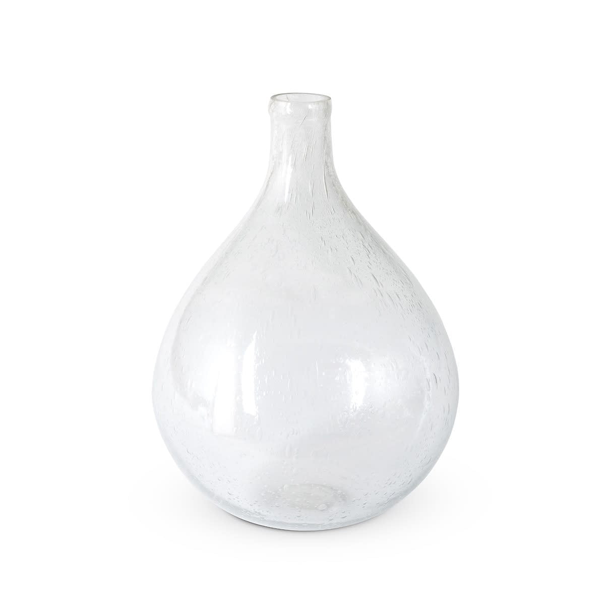 Clear mouthblown glass vase with raindrop silhouette featuring bubble inclusions mimicking falling rain.