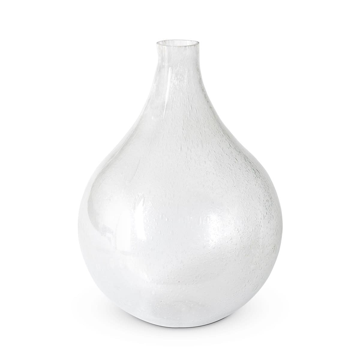 Clear mouthblown glass vase with raindrop silhouette featuring bubble inclusions mimicking falling rain.