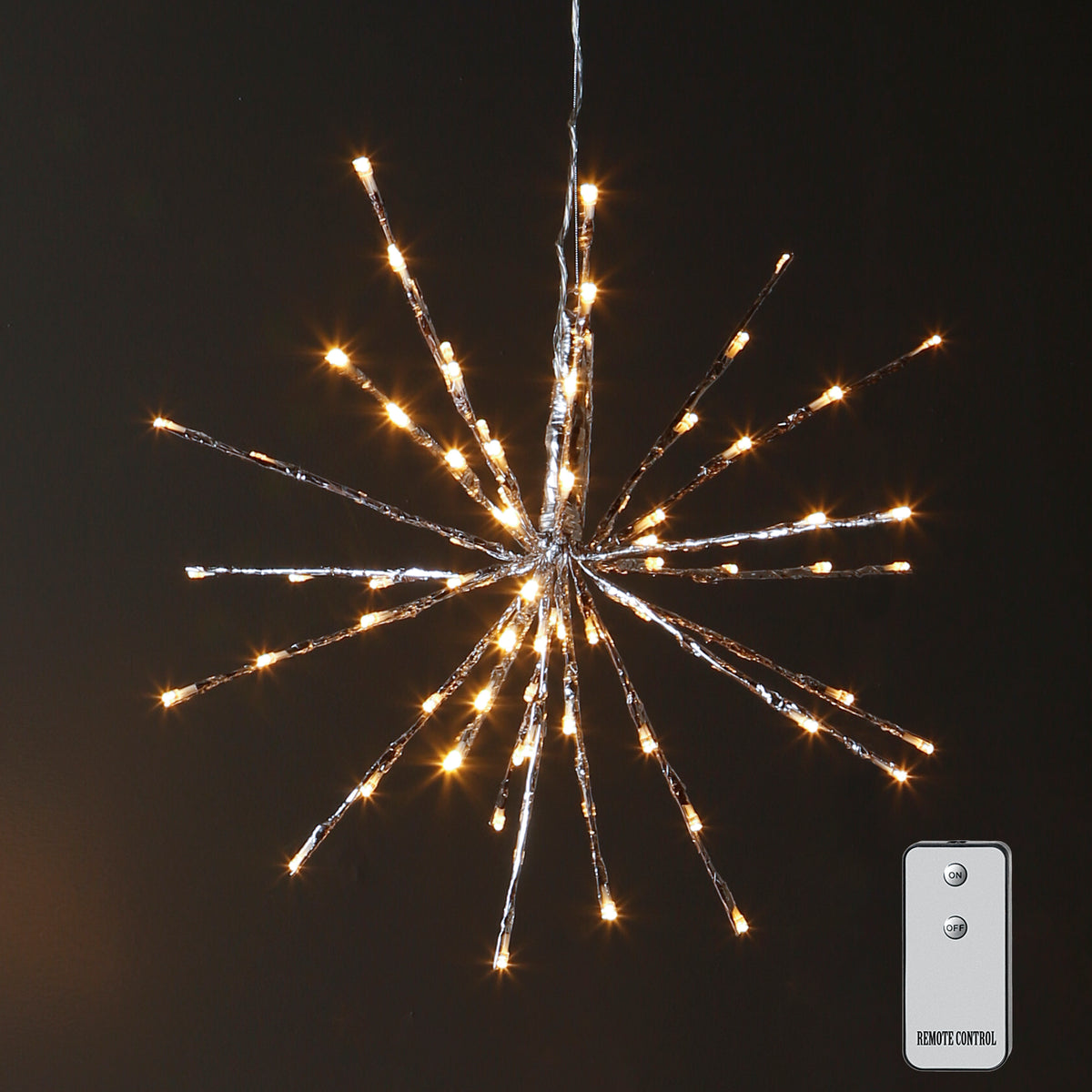 An 18-inch silver starburst string light fixture with warm white LEDs.