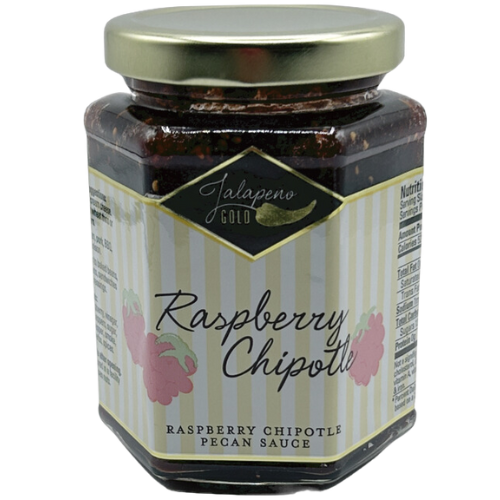 Bottle of Raspberry Chipotle Pecan Sauce with a red label