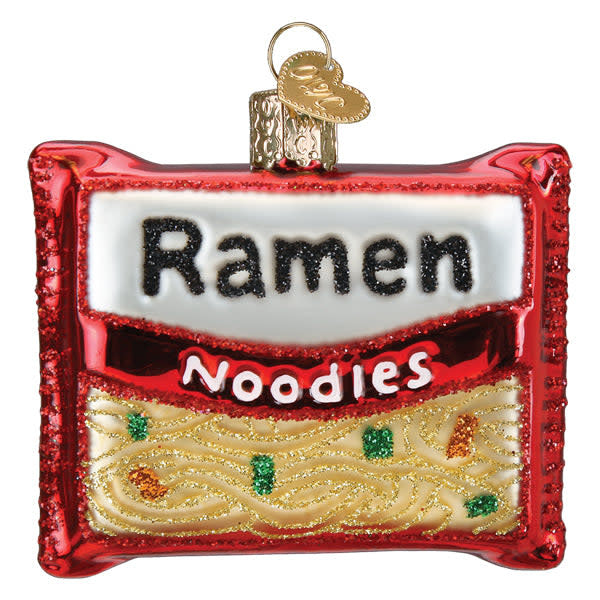 White ceramic ornament shaped like a bowl of ramen noodles with red broth.
