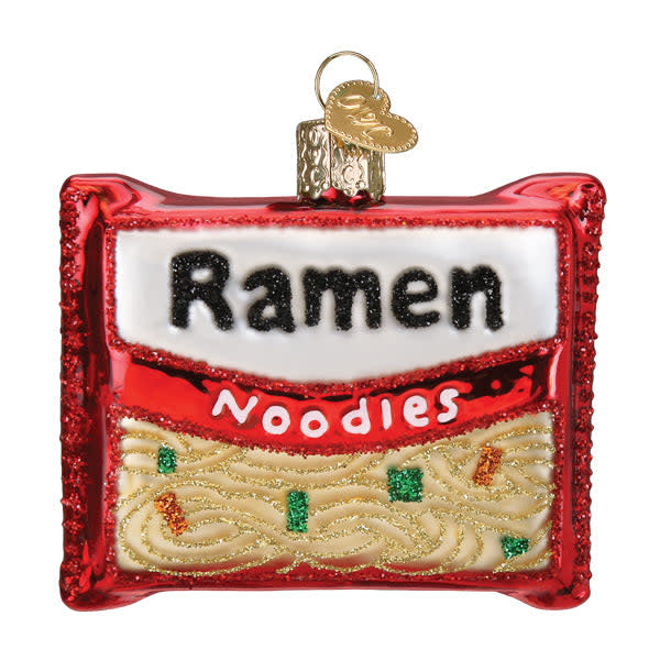 White ceramic ornament shaped like a bowl of ramen noodles with red broth.