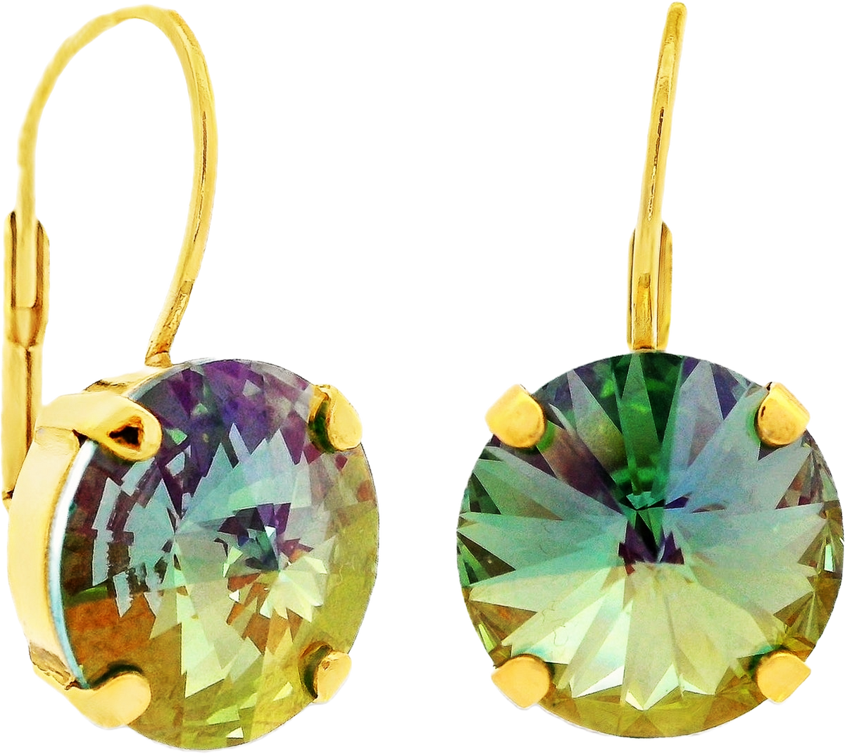 Caitlin Small Round Earrings with iridescent crystals in antique gold-plated prong settings.