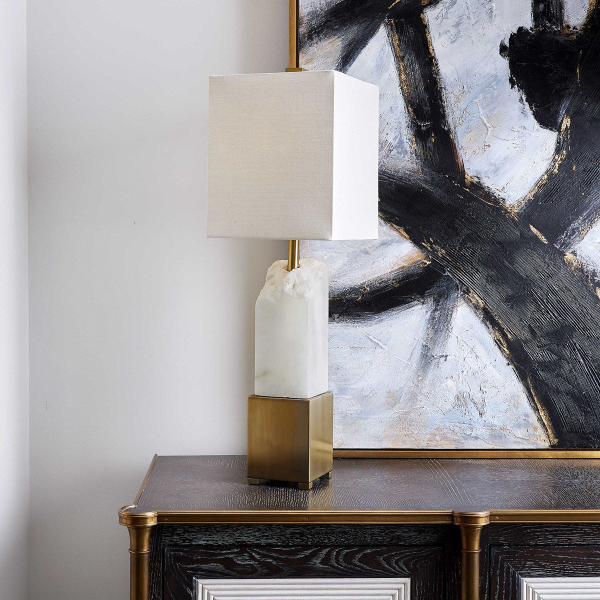 Ebena accent lamp with a dark finish base and cylindrical shade.