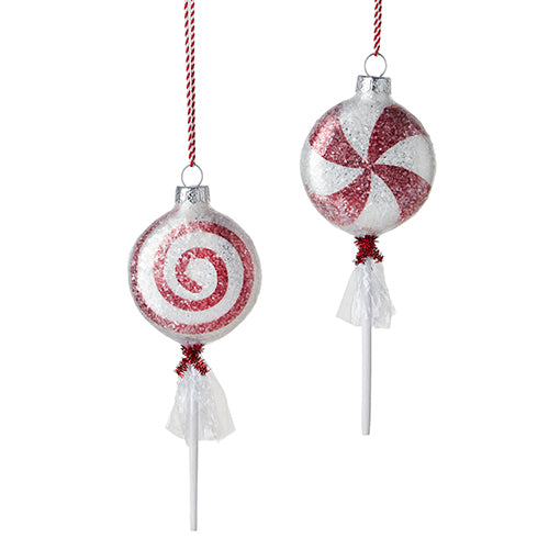 7.5-inch glass ornament shaped like a wrapped peppermint lollipop with red and white stripes.