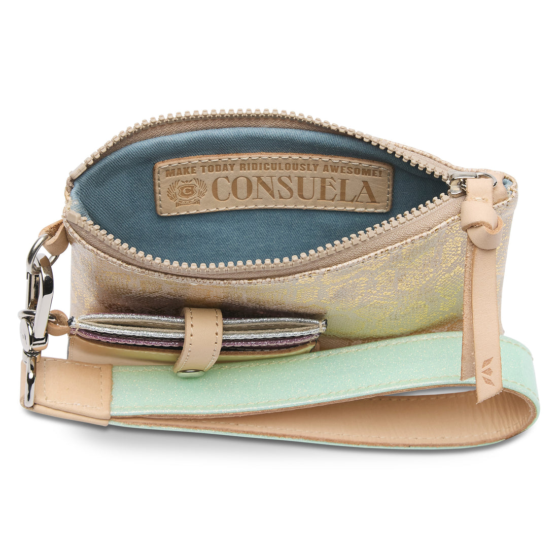 Diego leather wristlet with five card slots, D-ring pouch, and attached cardholder.