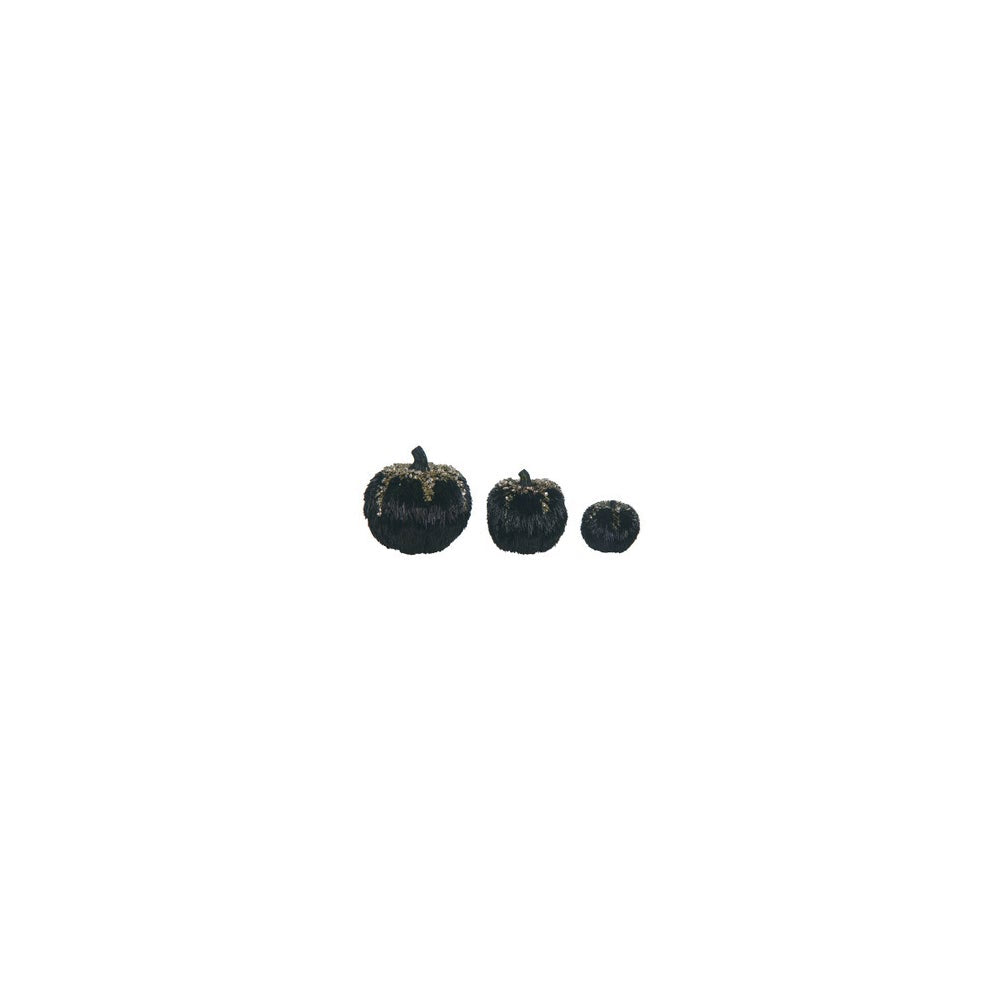 Set of three black foam glitz pumpkins in varying sizes with gold glitter accents.