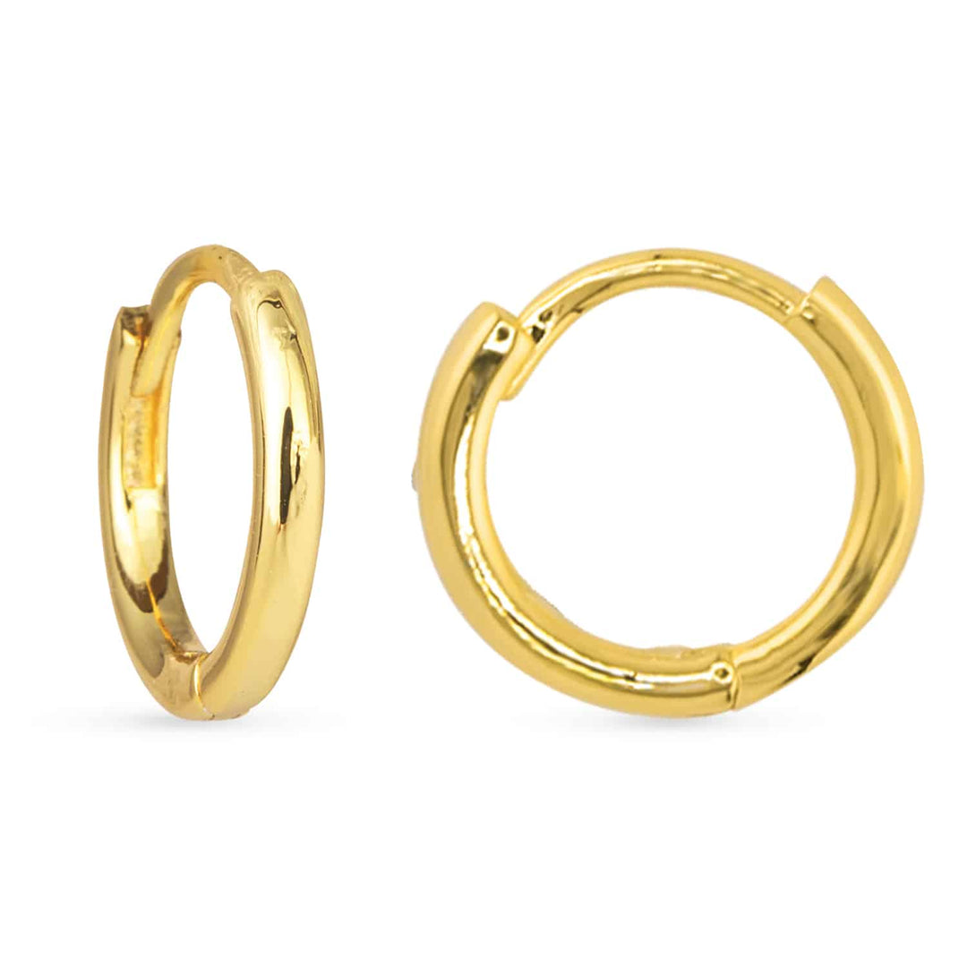 A pair of small, polished gold hoop earrings designed for adding charms.