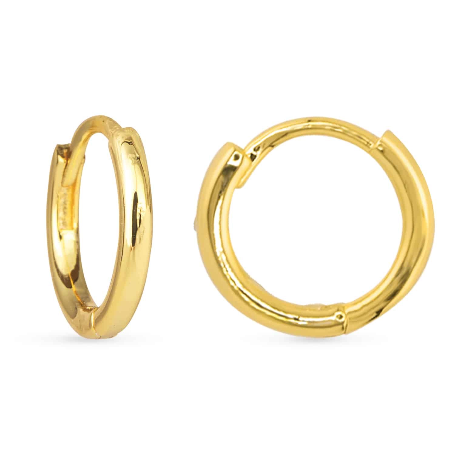 A pair of small, polished gold hoop earrings designed for adding charms.