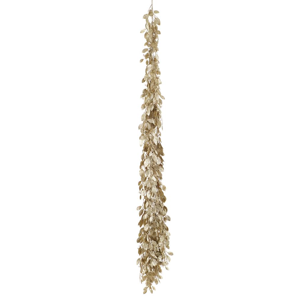 69-inch gold glittered eucalyptus swag garland hanging vertically against a white background.