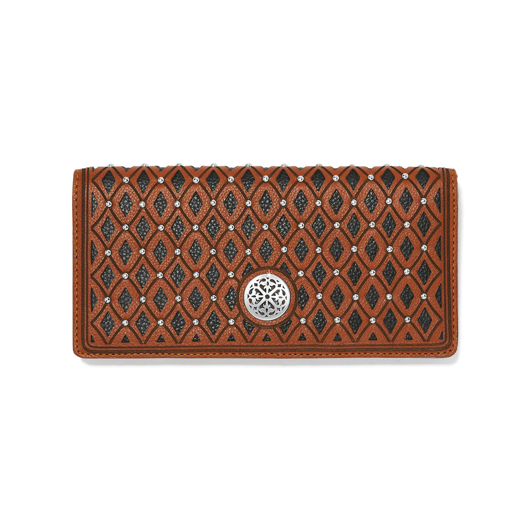 Ferrara La Bellezza Slim Folio Wallet in brown leather with black diamond cutouts and silver studs.