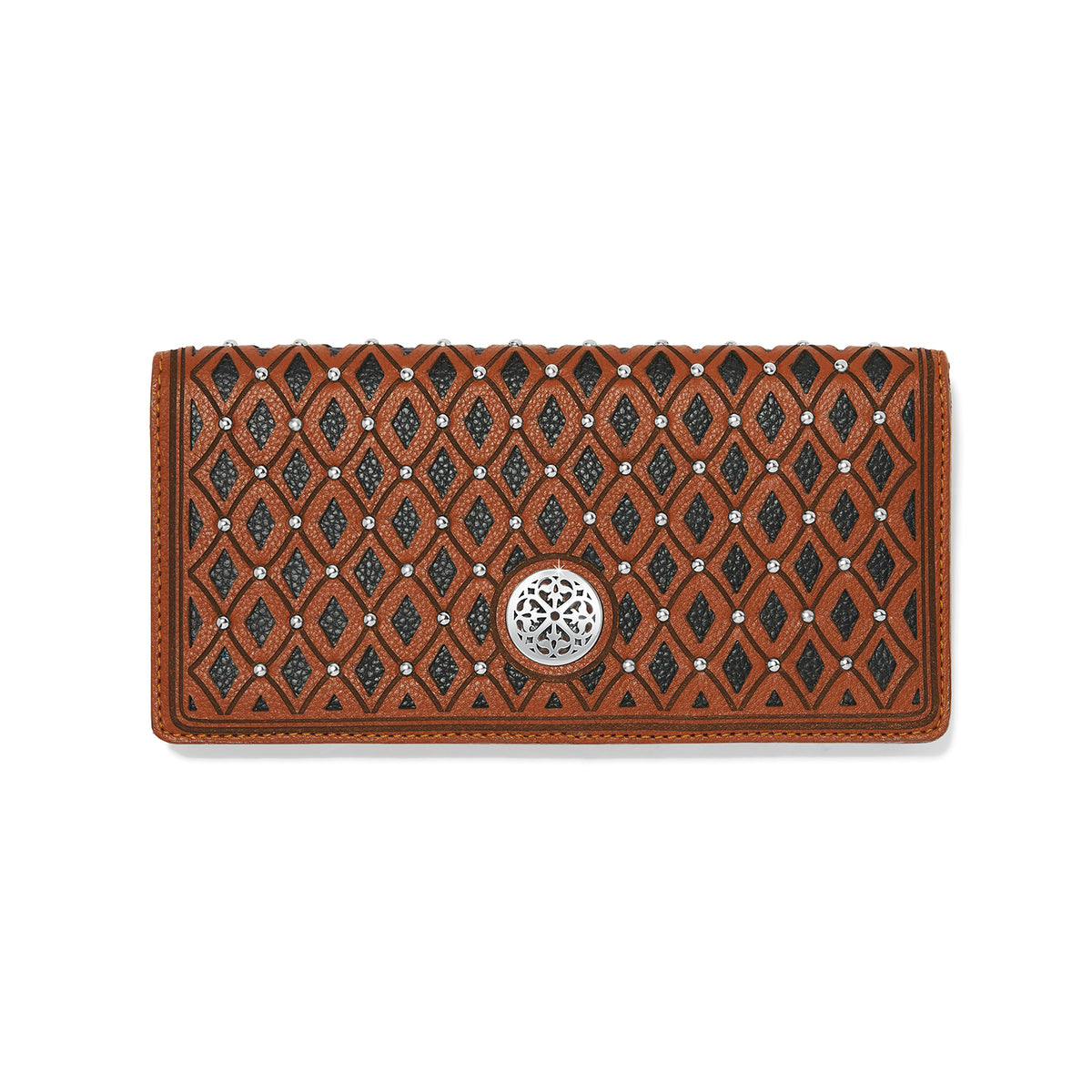 Ferrara La Bellezza Slim Folio Wallet in brown leather with black diamond cutouts and silver studs.