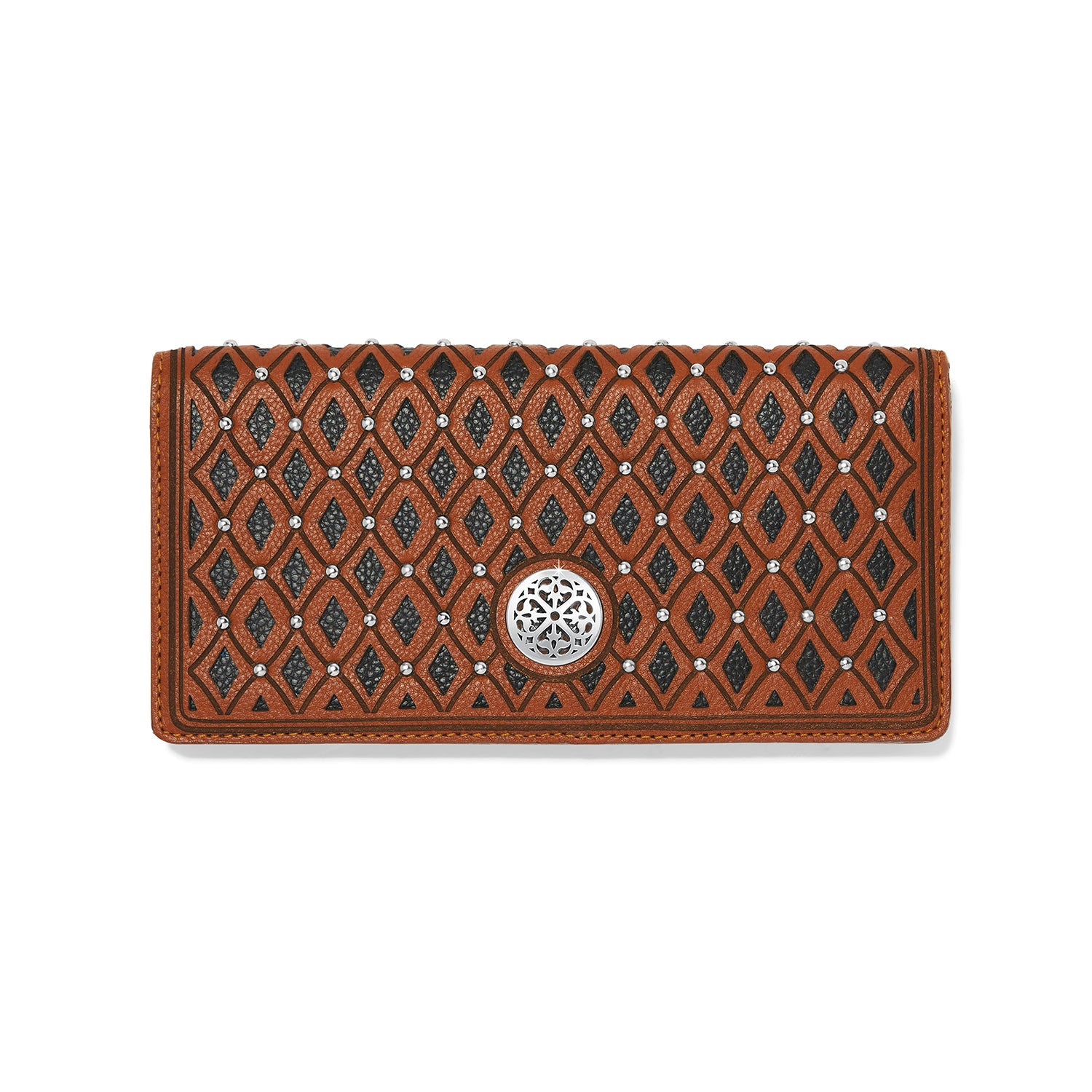 Ferrara La Bellezza Slim Folio Wallet in brown leather with black diamond cutouts and silver studs.
