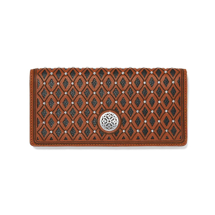 Ferrara La Bellezza Slim Folio Wallet in brown leather with black diamond cutouts and silver studs.
