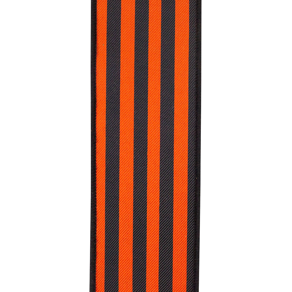 2-1/2 inch vertical orange and black striped twill ribbon with a wired edge.
