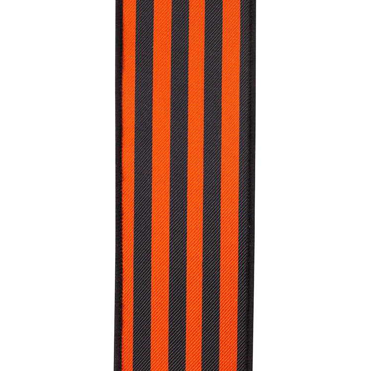 2-1/2 inch vertical orange and black striped twill ribbon with a wired edge.