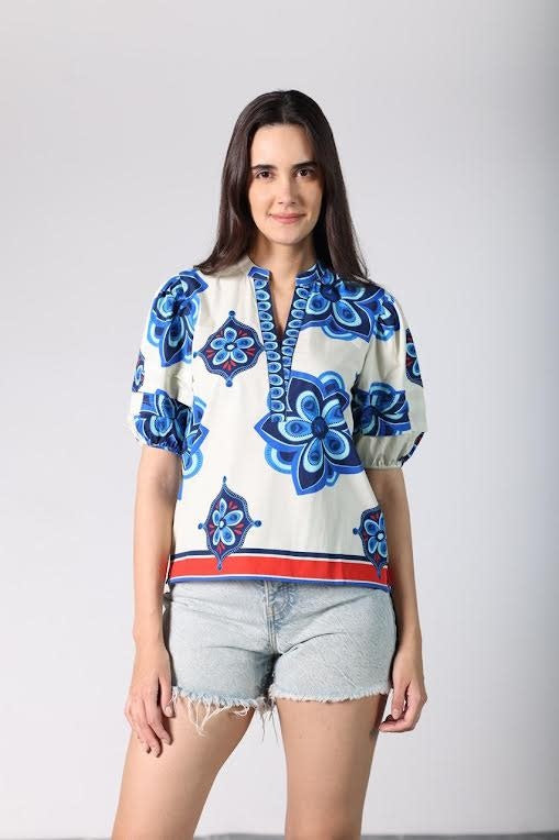 Floral print Raya top with geometric trim in lightweight fabric