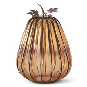 Orange glass pumpkin decoration with dark metal stems