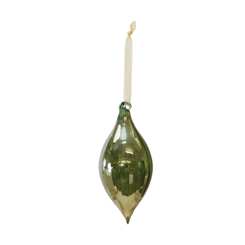 Green ribbed glass teardrop ornament with a cream ribbon hanger.