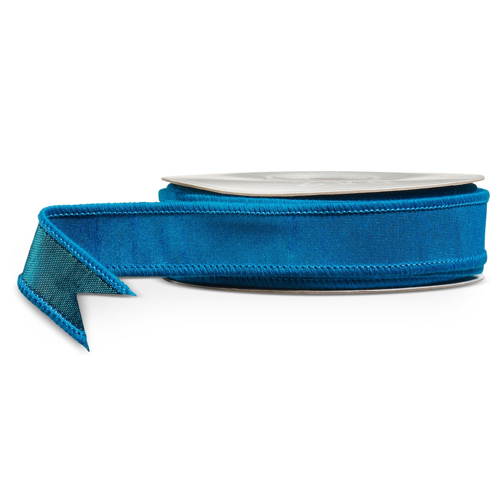 Ten yards of blue polyester wired ribbon measuring one inch wide.