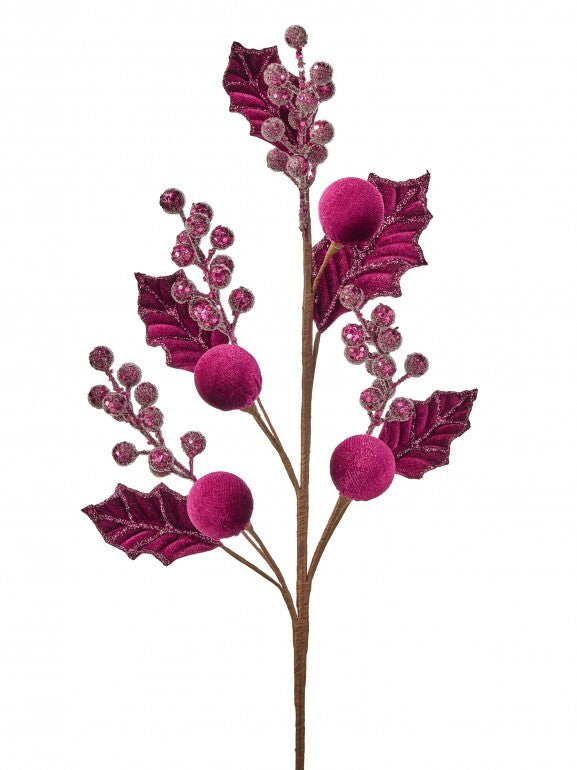 24-inch velvet ball and leaf spray with glittered berries in a deep magenta color.
