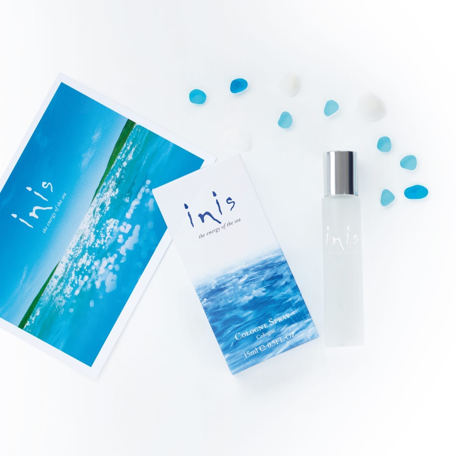 Inis Energy of the Sea 15ml travel size cologne spray bottle and box with sea glass accents.