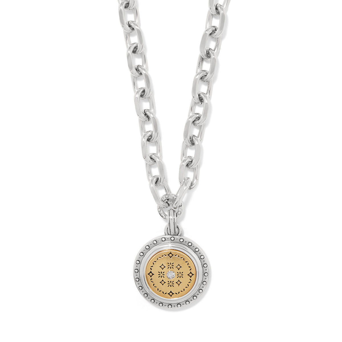Two-tone silver and gold round mosaic pendant on a chunky silver link chain necklace.