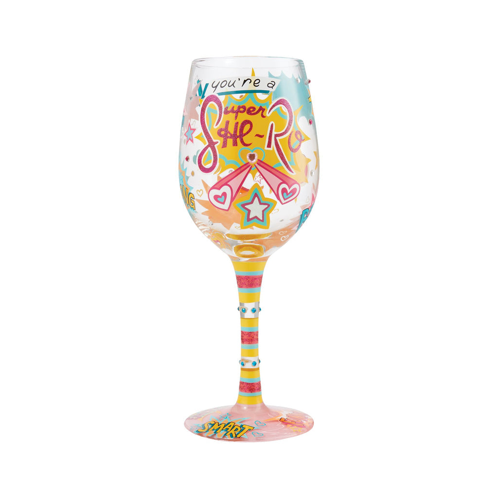Blown glass wine glass with hand-painted designs, glitter accents, and a cocktail recipe printed on the base.