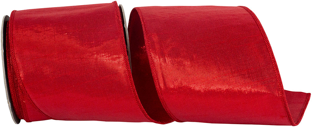 Red metallic woven dupioni ribbon with wired edges