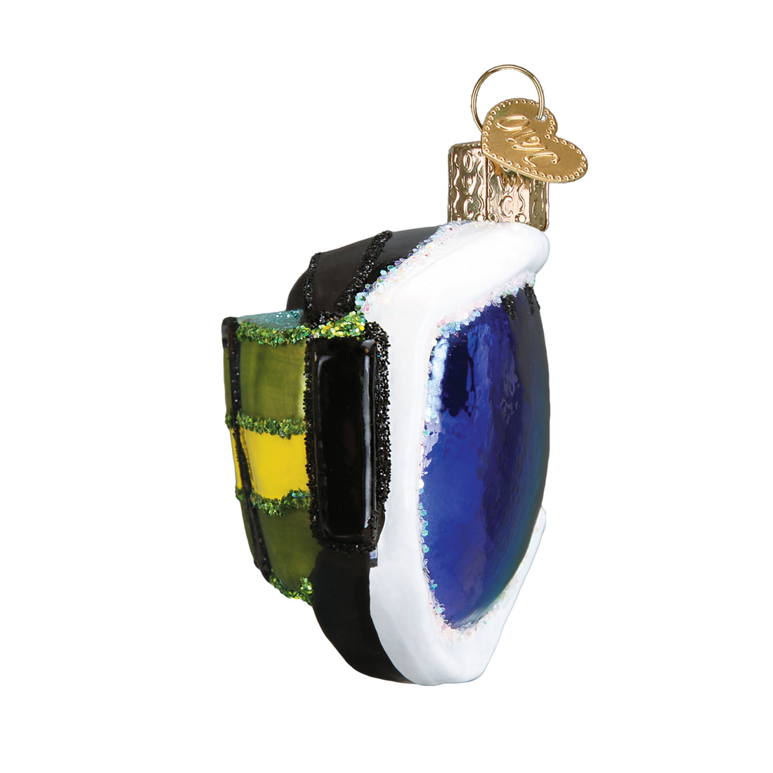 Glass ski goggles Christmas ornament with blue lenses, white frame, and a green and yellow strap.