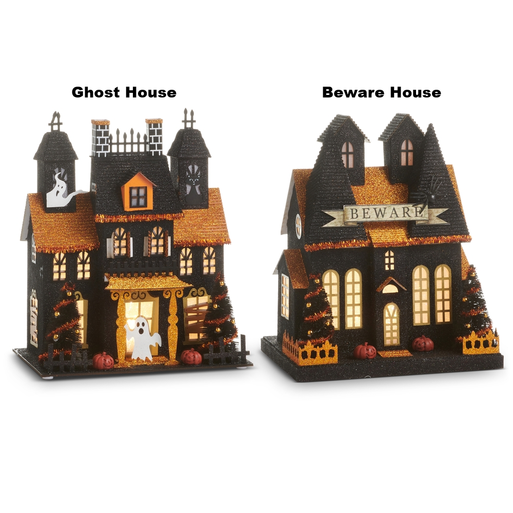 Two 11.5-inch lighted paper haunted houses with glitter accents, ghosts, pumpkins, and warm lights.