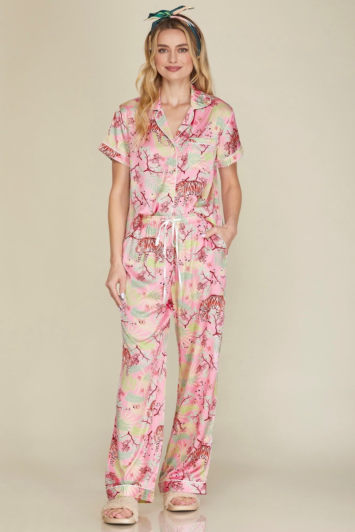 Alex Tiger print satin pajama top in black with white tiger graphic.