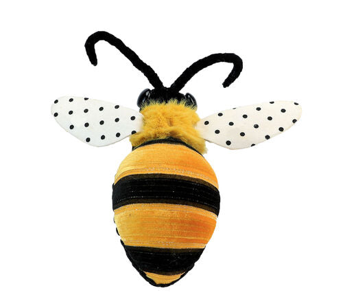 Bumble Bee ornament with black polka dot wings on a natural wood stem.
