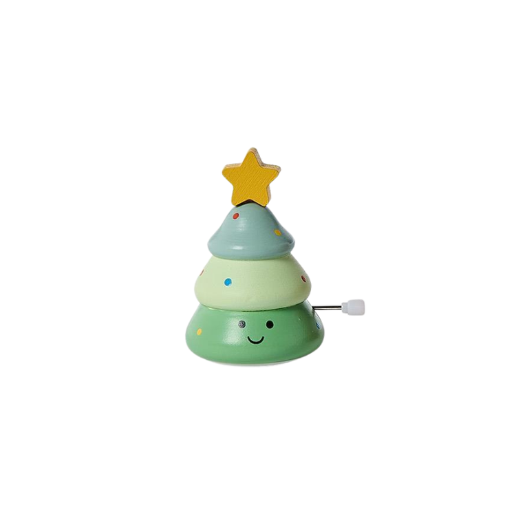 Wooden wind-up spinning toy shaped like a green Christmas tree with a yellow star on top.